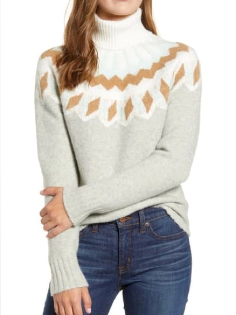 J.Crew Supersoft Fair Isle Turtleneck Sweater Womens XS Wool Alpaca Gray Nordic